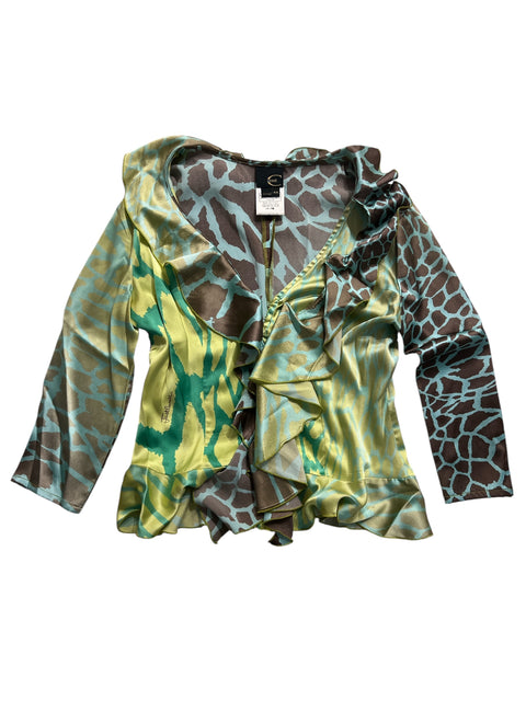 Just Cavalli Green Satin Abstract Print Shirt
