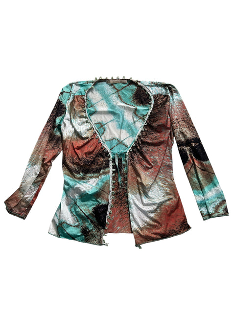 Roberto Cavalli Blue/Red Satin Effect Pearl Details Top