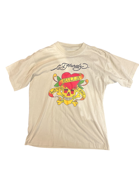 Ed Hardy Cream Heart Print T-shirt