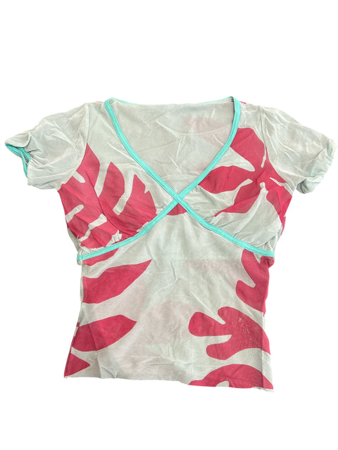 Vintage Blue Mesh Pink Print Top