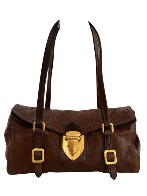 Prada Pietra Brown Cervo Shine Leather Shoulder Bag
