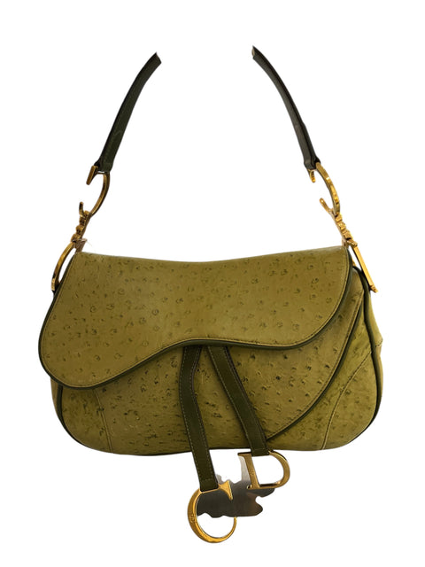 Dior Double Saddle Green Ostrich Leather Shoulder Bag