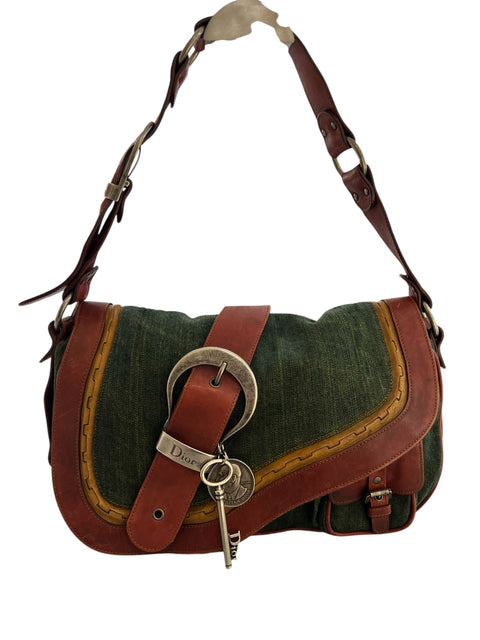 Dior Gaucho Red Trim Green Denim Shoulder Bag