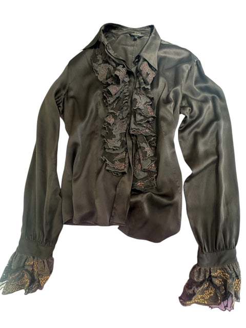 Roberto Cavalli Brown Silk Ruffles Shirt