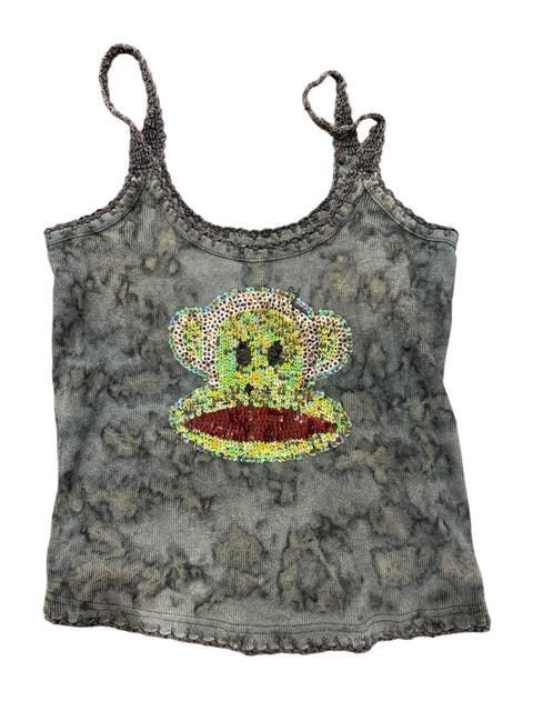 Frantic Grey Tie-Dye Monkey Sequin Tank Top