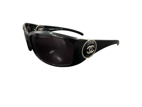 Chanel Full Black Dark Silver Logo Sunglasses