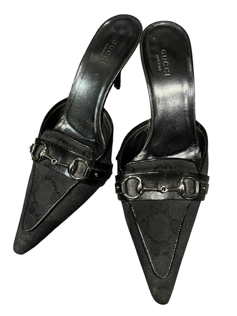 Gucci Black Canvas Horse Bit Mules
