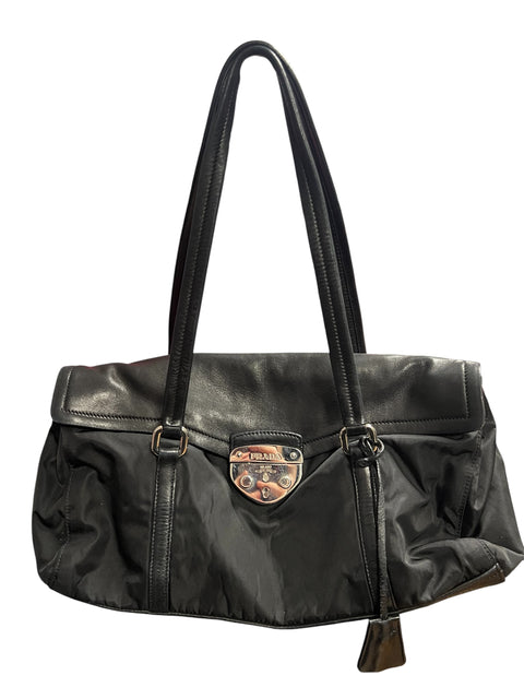 Prada Black Mix Leather Nylon Shoulder Bag