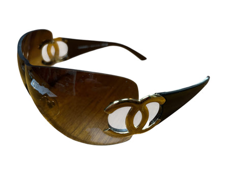Chanel Brown Gold Logo Mask Sunglasses