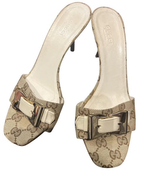 Gucci Beige Mono Ecru Belt Mules