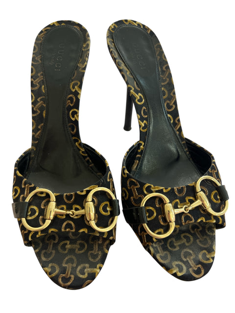 Gucci Black Gold Horse Bit Print Mules