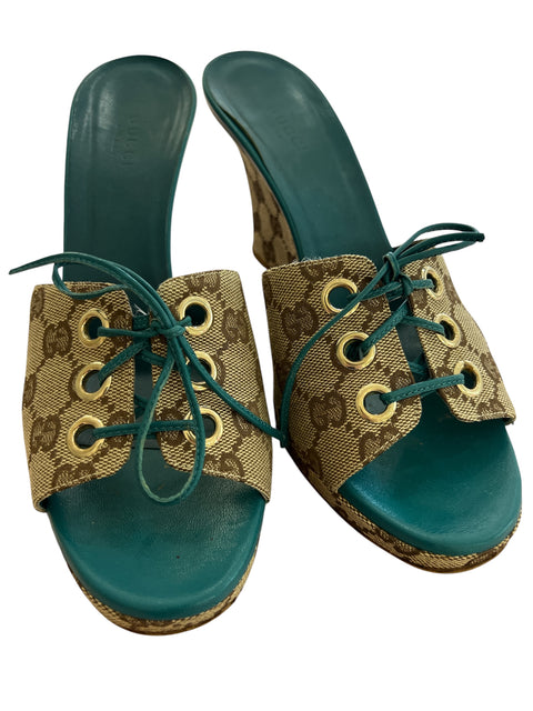 Gucci Beige Canvas Blue Lace Mules T.39