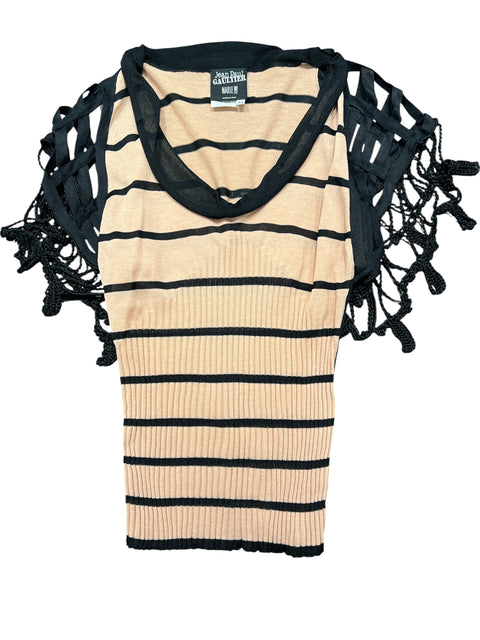 JPG Black Pink Knit Mesh Sleeve Top
