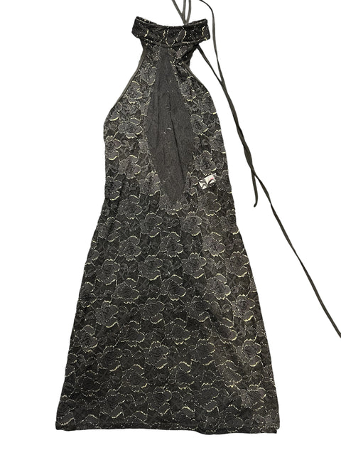 Vintage Black Gold Lace Backless Dress