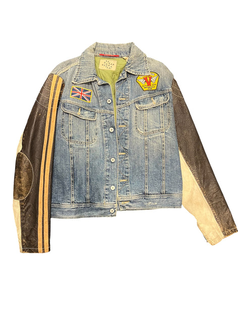 Vintage Denim Brown Leather Sleeve Jacket
