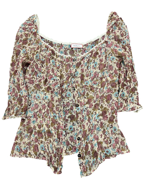 Max&Co Beige Flower Silk Transparent Shirt