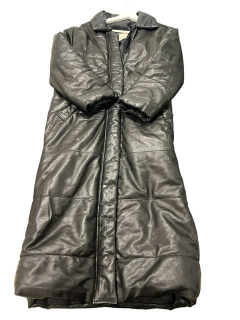 Vintage Black Leather Puffy Long Coat