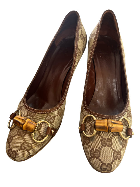 Gucci Beige Canvas Bamboo Bit Heels