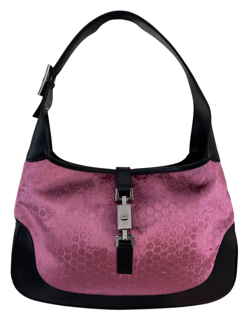 Gucci Jackie Pink Velvet Black Leather Shoulder Bag