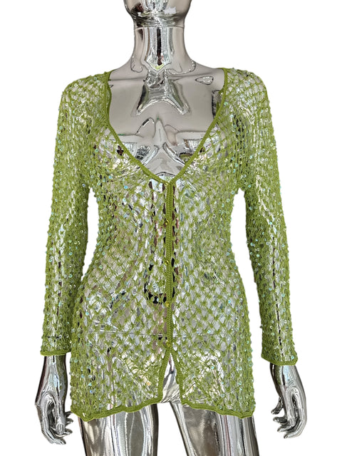 Roberto Cavalli Class Green Sequin Net Blouse