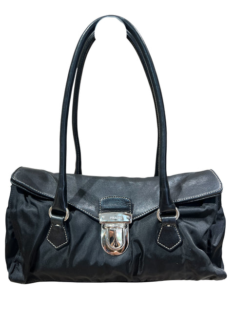 Prada Black Leather Nylon Shoulder Bag