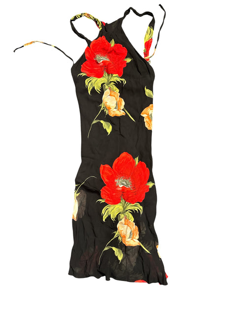 Vintage Red/Orange Flower Black Dress
