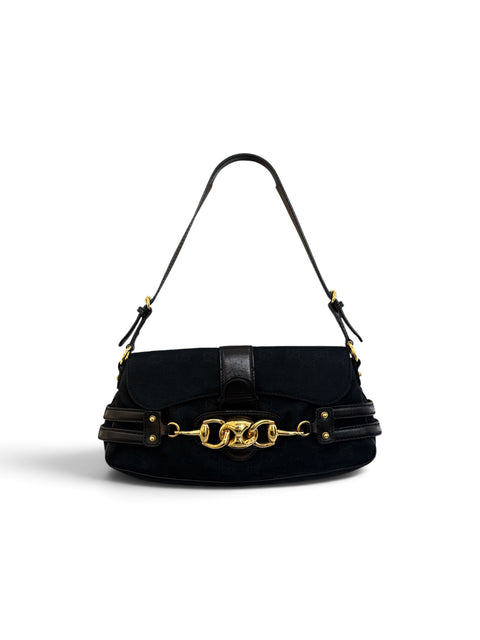 Gucci GG Canvas Horsebit Shoulder Bag Black Gold 159402