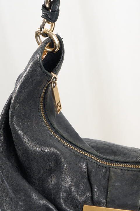 Fendi Black Leather Gold Logo Shoulder Bag