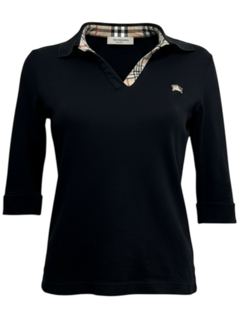 CHEZ SNOW BUNNY black Burberry long sleeve polo shirt in 100% cotton with signature check collar detail