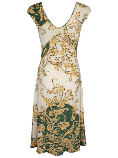 Robe Just Cavalli CHEZ SNOW BUNNY verte et dorée avec un motif baroque, coupe ajustée et col en V, taille 42.