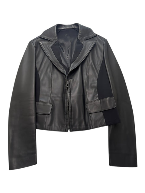 CHEZ SNOW BUNNY ARC black leather and mesh jacket with a notched collar and front flap pockets