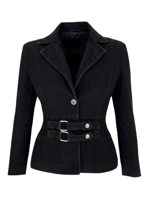 CHEZ SNOW BUNNY black denim blazer featuring a tailored fit, notched lapels, and double buckle waist detail.