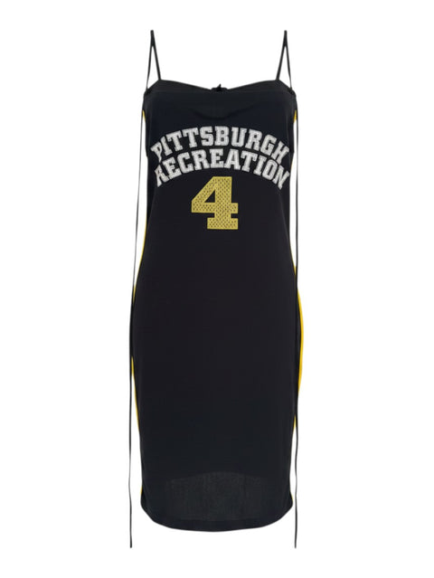 CHEZ SNOW BUNNY Dolce&Gabbana black jersey corset dress with Pittsburgh Recreation graphic and yellow side panels