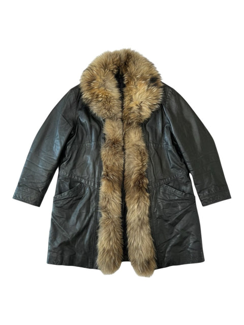 CHEZ SNOW BUNNY black leather coat with a thick, luxurious brown fur collar and front trim.