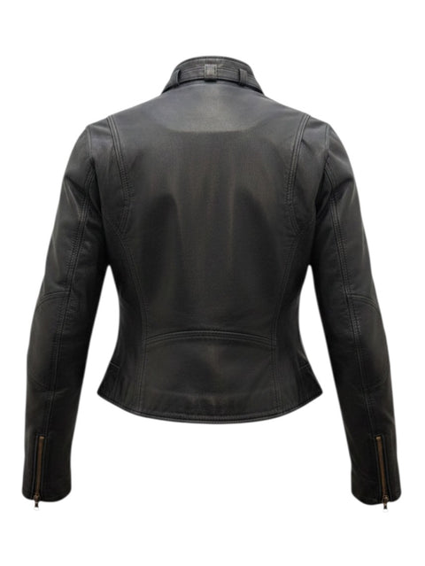 Back view of a CHEZ SNOW BUNNY KingKong black leather jacket featuring a collar strap and zippered cuffs.