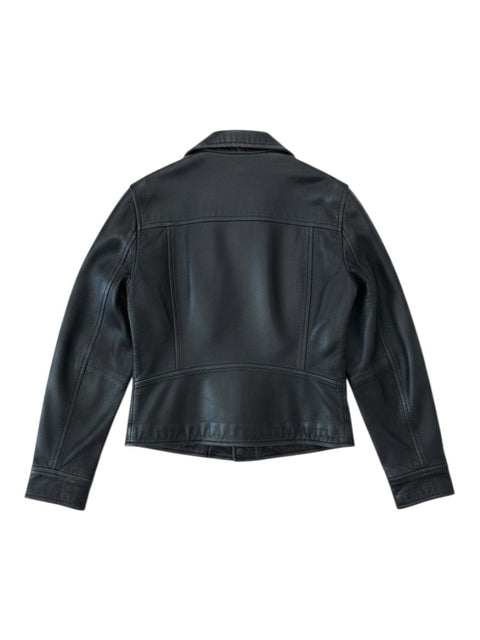 Back view of a black Vera Pelle leather jacket by CHEZ SNOW BUNNY with a classic collar and stitched panel detailing.