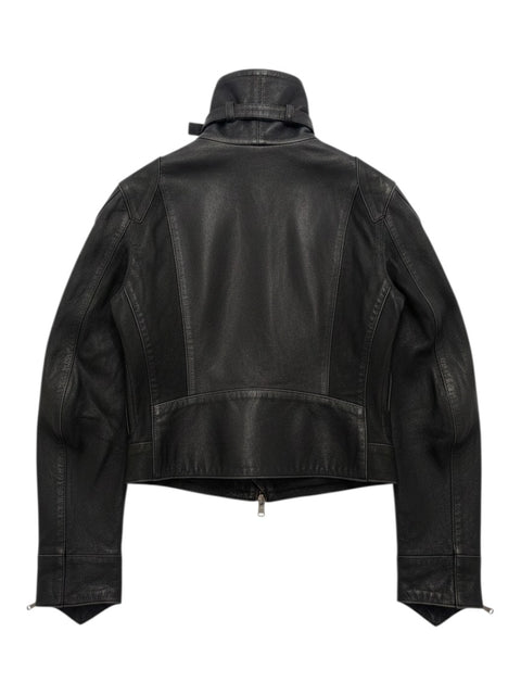 Back view of a CHEZ SNOW BUNNY GDOS black leather jacket featuring a high neck with a buckle strap detail.