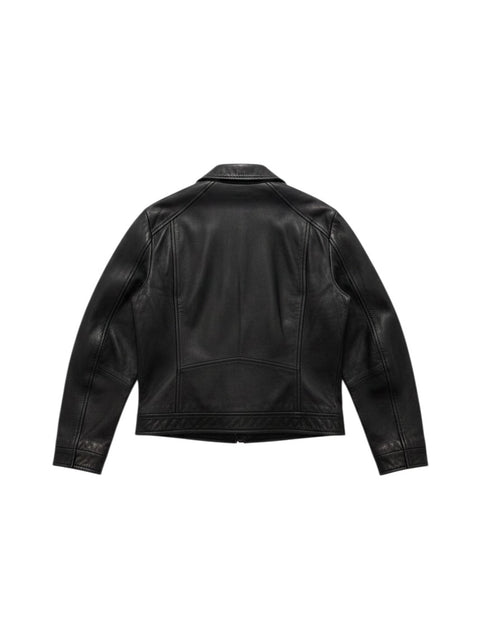 Back view of a black Vent Couvert leather jacket by CHEZ SNOW BUNNY with stitched detailing and a classic collar.