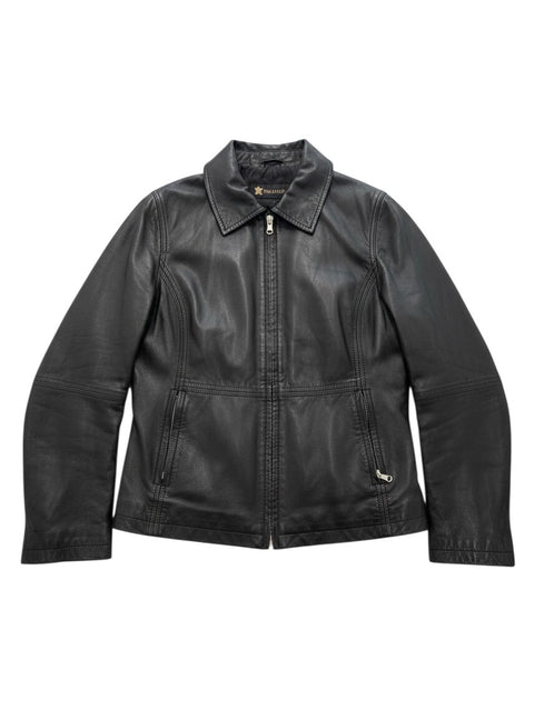 CHEZ SNOW BUNNY black real leather jacket with a classic collar and front zip closure