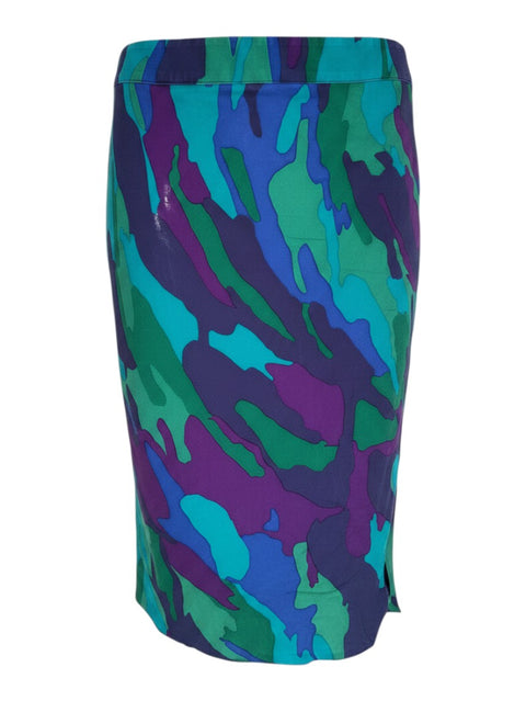 CHEZ SNOW BUNNY pencil skirt featuring a blue and purple camouflage print pattern on a fitted silhouette.