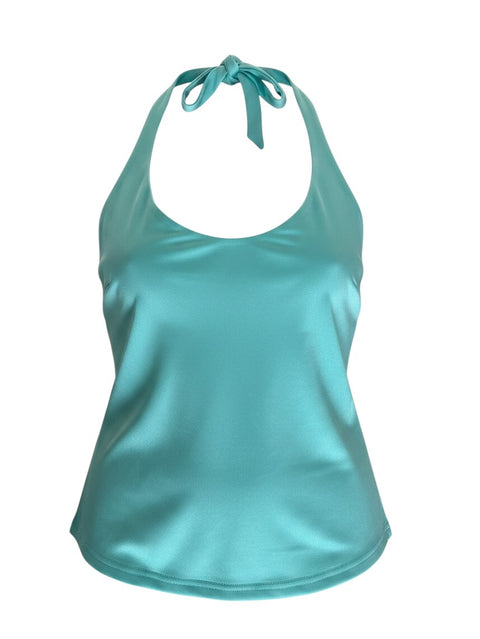 CHEZ SNOW BUNNY SB Victoria blue halter top with a tie-neck closure, made in France with a smooth satin finish.