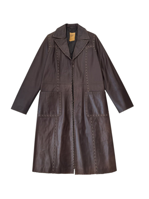 CHEZ SNOW BUNNY brown leather coat featuring decorative cross-stitch detailing and large front pockets.