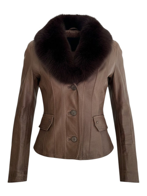 CHEZ SNOW BUNNY Sandro Ferrone brown leather jacket with a plush dark brown fur collar and button-front closure.
