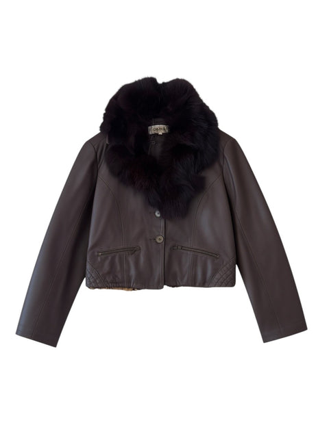 CHEZ SNOW BUNNY Coconuda brown leather jacket featuring a plush dark fur collar and quilted side detailing.