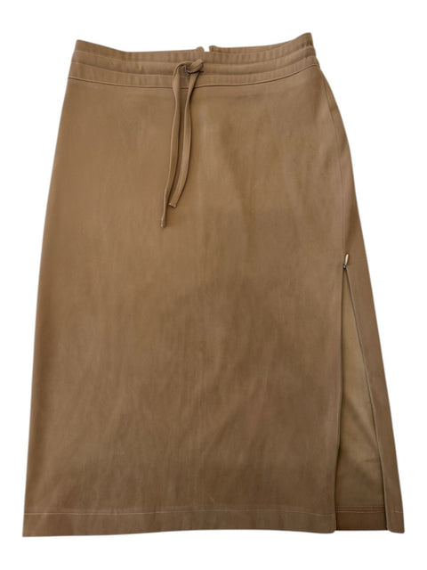 CHEZ SNOW BUNNY brown midi skirt with a side zipper and drawstring waist, featuring a minimalist design.