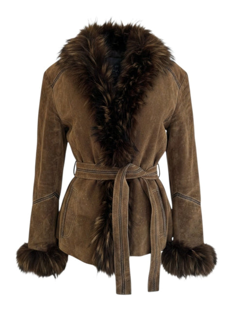 CHEZ SNOW BUNNY brown suede leather jacket with fur trim collar and cuffs and a matching waist tie belt