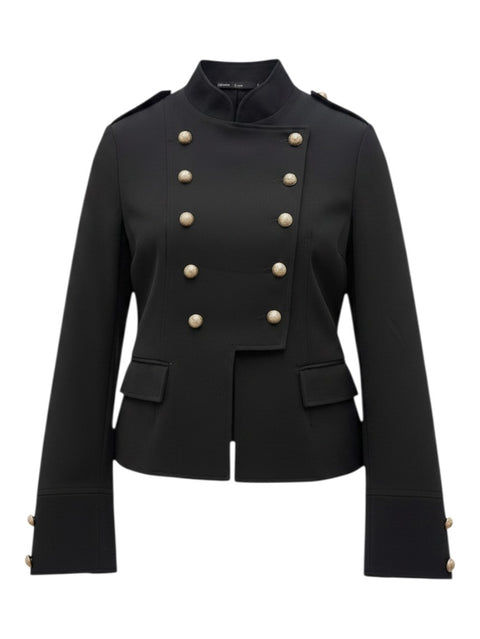 CHEZ SNOW BUNNY Denny Rose black military-style Napoleon jacket with double-breasted gold buttons and stand collar.