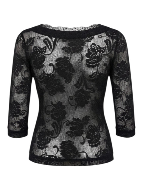 CHEZ SNOW BUNNY Dolce&Gabbana black floral lace top with three-quarter sleeves and a scalloped neckline.