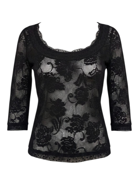 CHEZ SNOW BUNNY Dolce&Gabbana black sheer floral lace top with three-quarter sleeves and a scalloped scoop neckline.