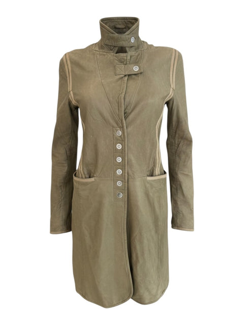 CHEZ SNOW BUNNY Emporio Armani khaki leather long jacket with a high collar and button-up front closure.